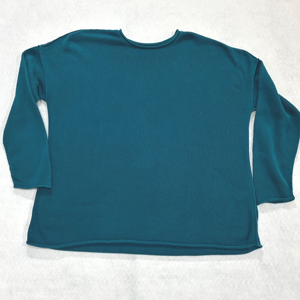 Eileen Fisher Sweater Organic Cotton Tencel Knit Teal Minimalist Lagenlook L